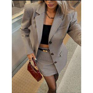 2 piece skirt set blazer and plaid mini skirt suit